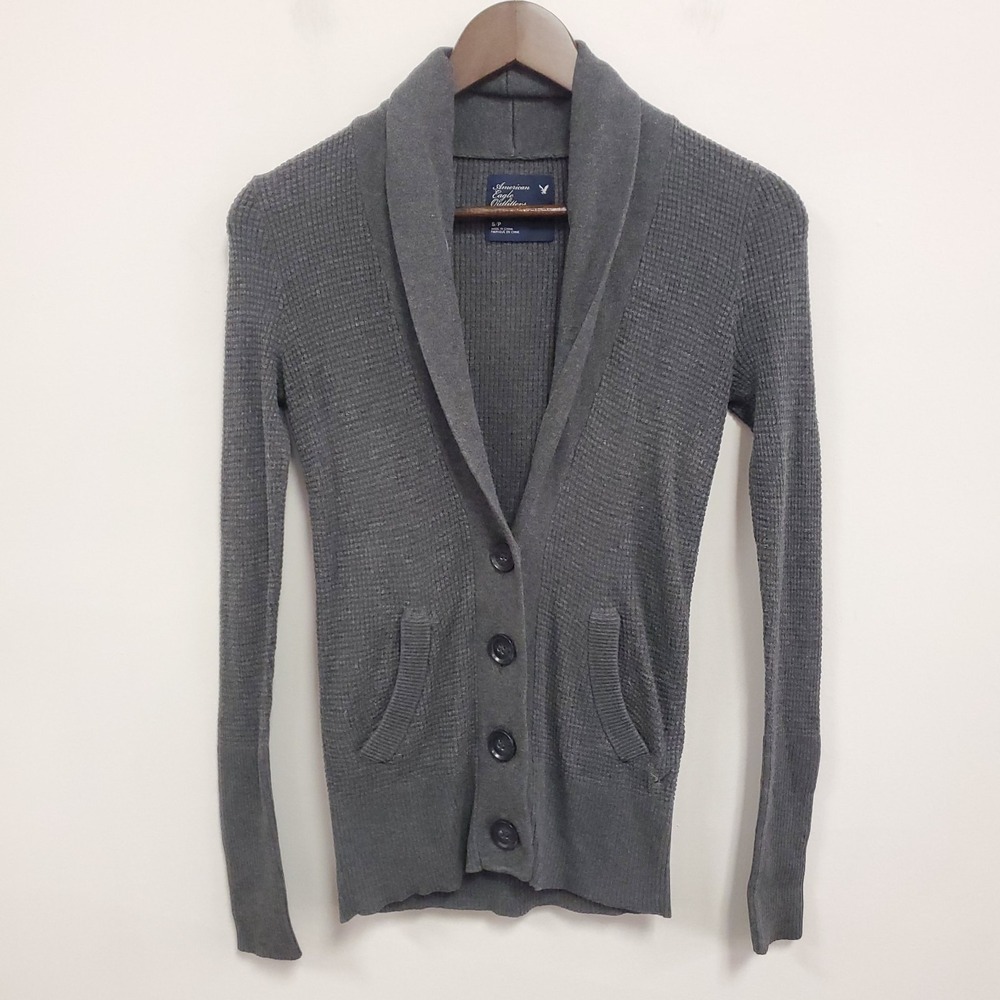 Vtg American Eagle Womens Y2K Preppy Waffle Knit Shawl Collar Cardigan Size S